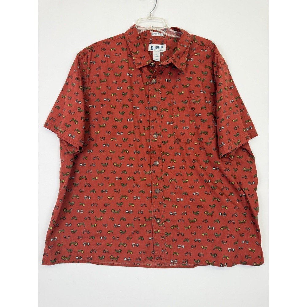 Duluth Trading Shirt Mens 2XL Red Tractor Print Short Sleeve Button Front
